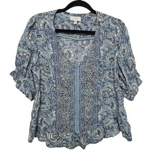 LuckyBrand Blue Floral Boho Peasant Romantic LaceTrim Cottagecore Coquette Top S